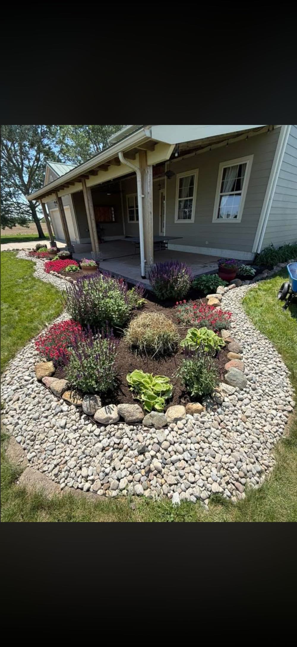 Colorful flowerbed with rock borders and well-maintained lawn in front of a house.