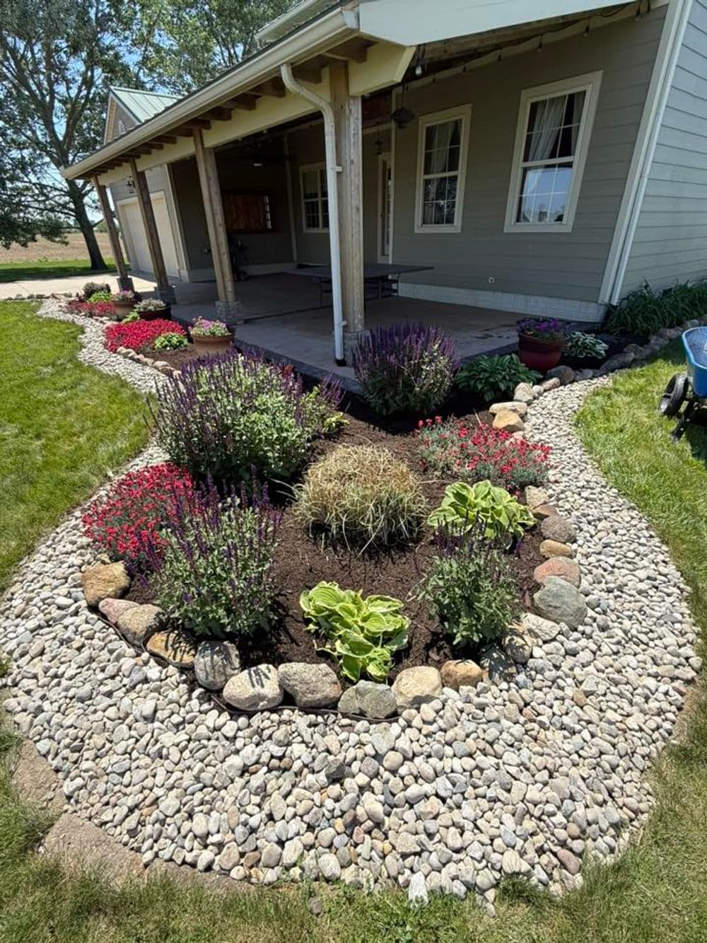 Colorful flower bed with stones and lush greenery in a well-maintained garden.