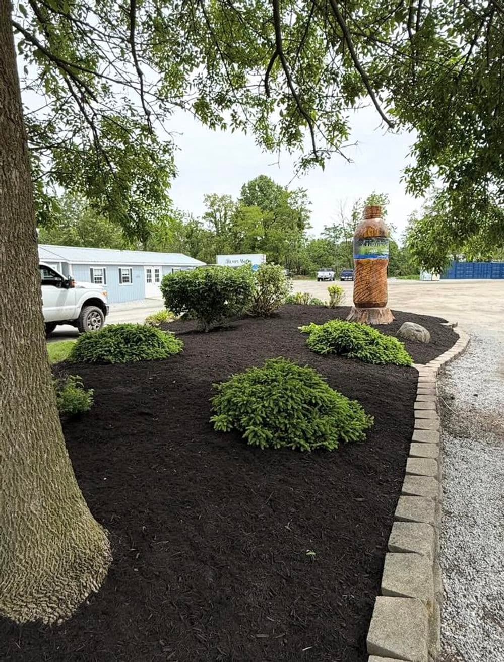 Landscaped garden featuring shrubs and mulch with decorative wooden statue.